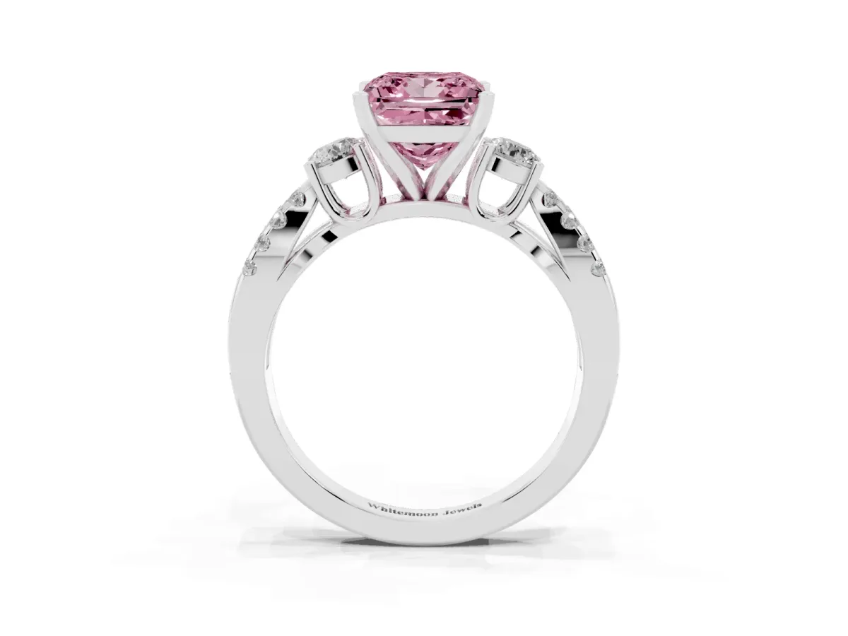 Fancy Pink Princess Cut Diamond Three-Stone Ring with Pavé Split Shank and Four-Prong Setting Silver