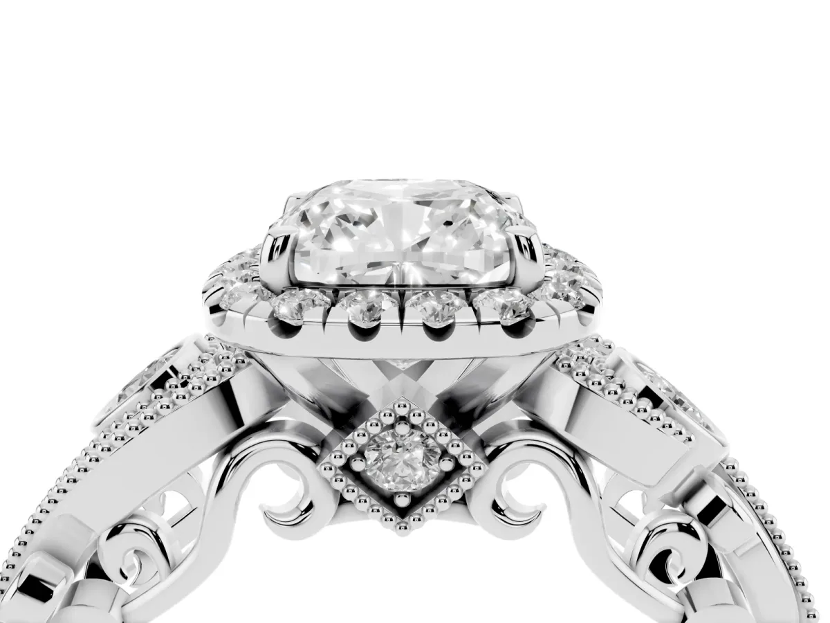 Cushion Cut Halo Diamond Ring with Milgrain and Bezel Accents on a Split Shank Band Platinum