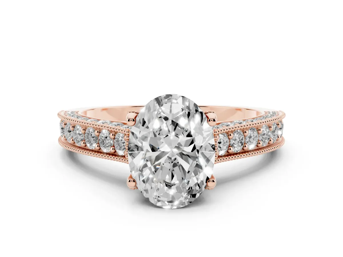Oval Cut Cut Diamond Solitaire Ring with Milgrain Pave Band and Four Prong Setting Rose gold