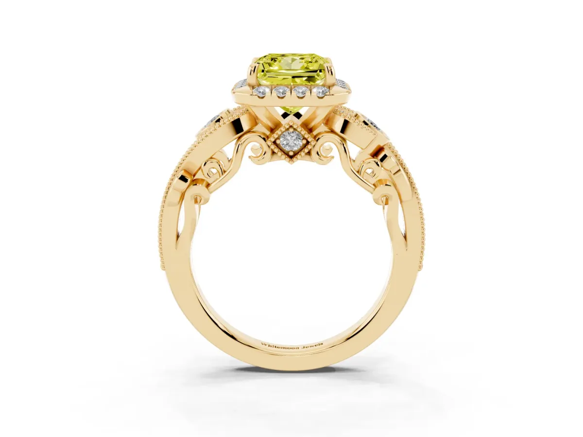 Fancy Yellow Princess Cut Diamond Halo Ring with Milgrain Pavé Band and Four-Prong Setting Yellow gold