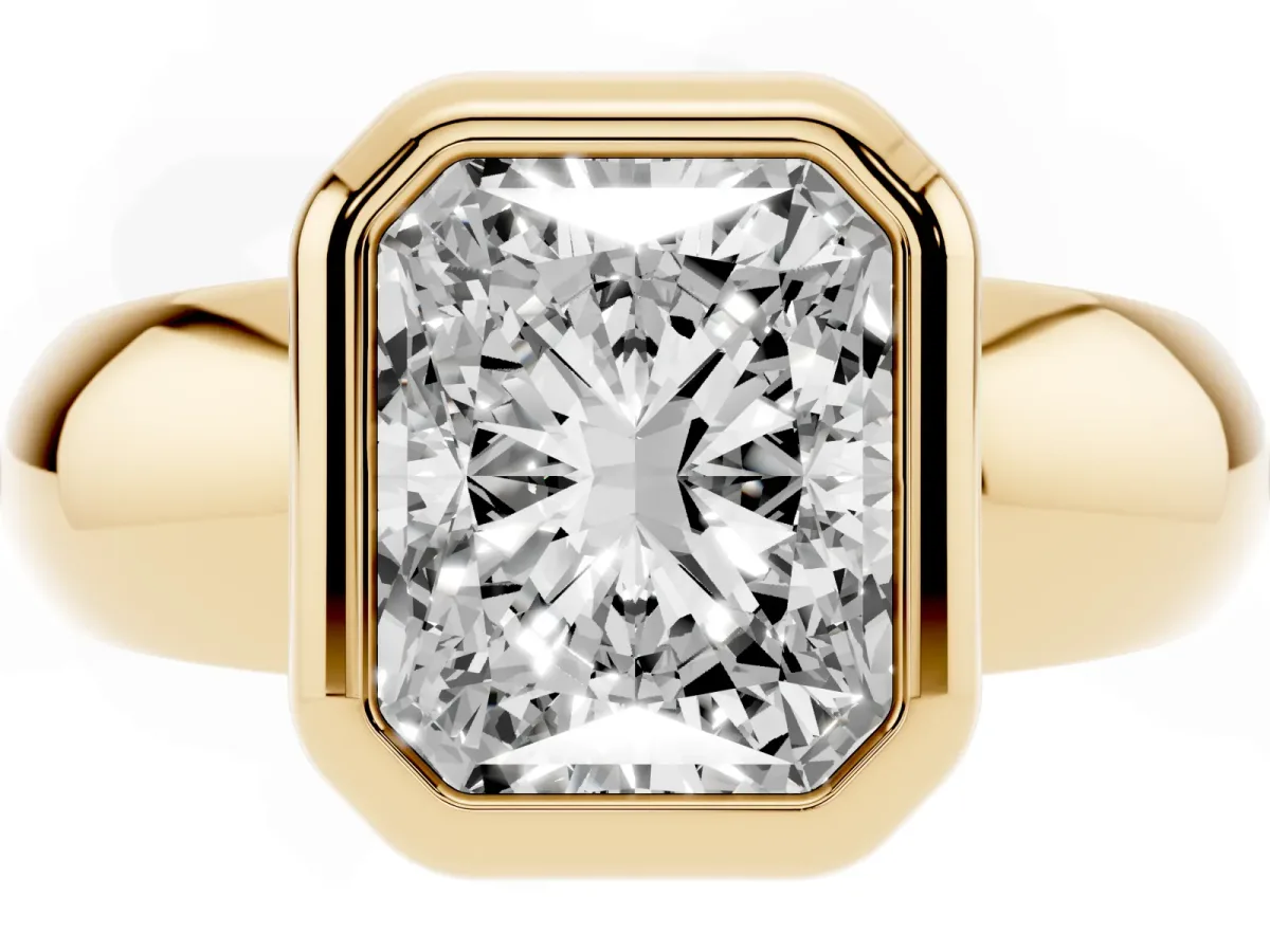 Bezel Set Radiant Cut Solitaire Ring with Wide Band Yellow gold