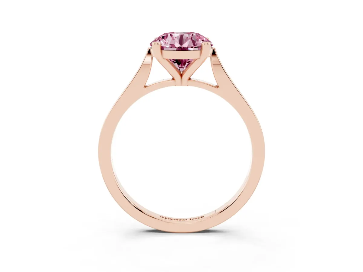 Fancy Pink Round Cut Solitaire Diamond Ring with Four-Prong Setting and Tapered Band Rose gold