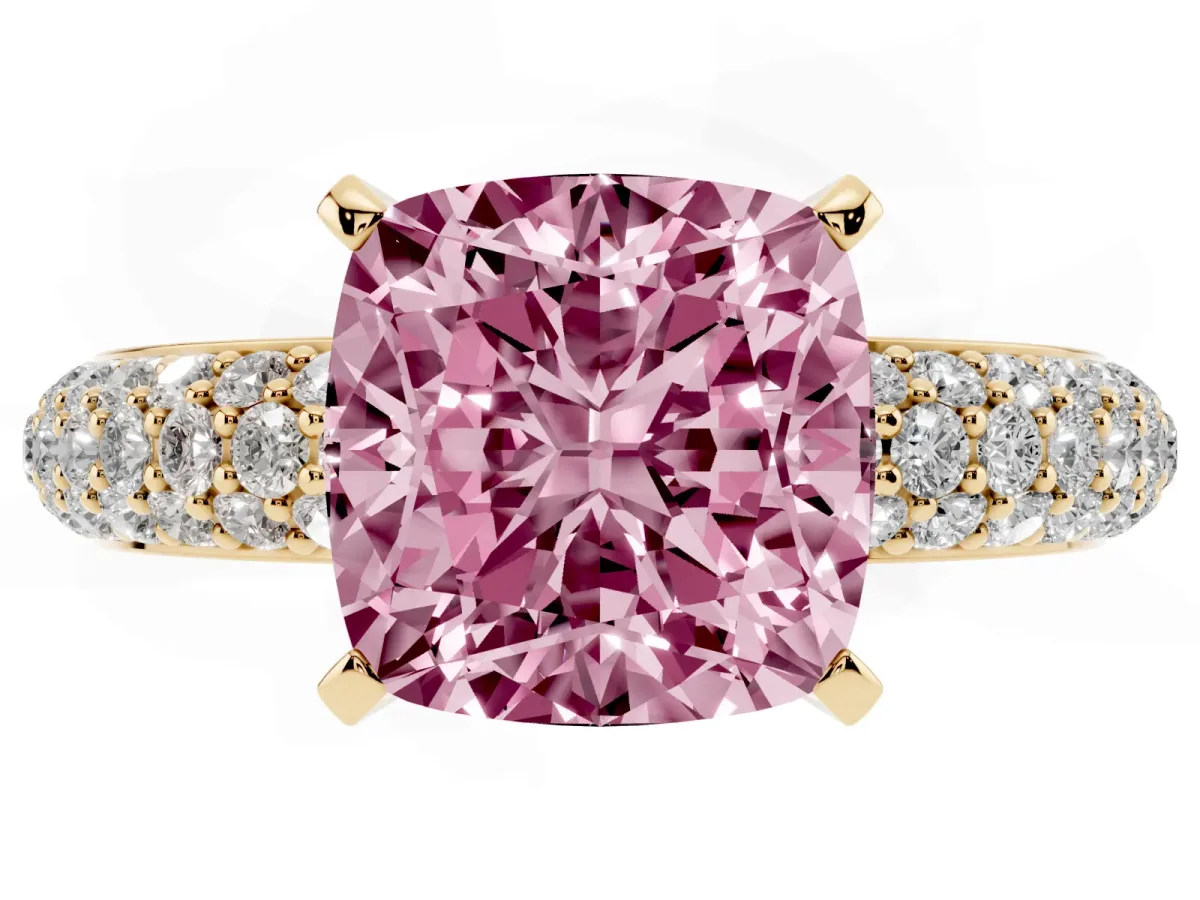 Fancy Pink Cushion Cut Diamond Solitaire Ring with Prong Setting and Pavé Band Yellow gold