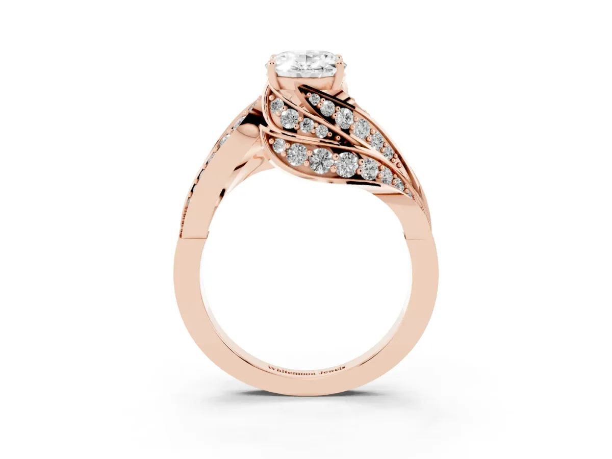 Oval Cut Diamond Solitaire Ring with Prong Setting and Twisted Pavé Band Rose gold