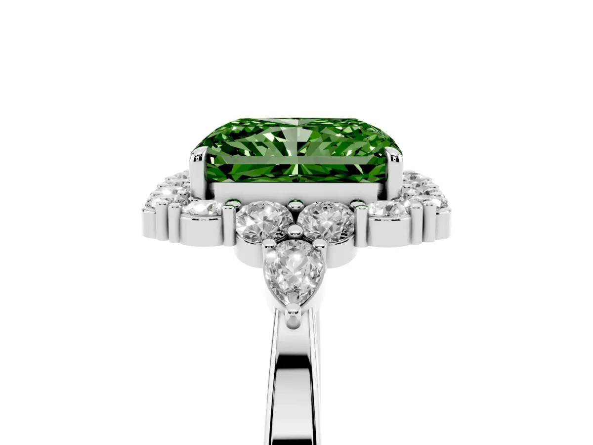 Fancy Green Radiant Cut Diamond Halo Ring with Pear Side Stones and Prong Setting Platinum