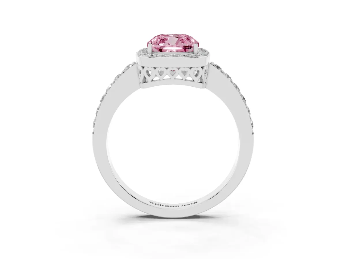 Fancy Pink Cushion Cut Halo Diamond Pavé Band Ring with Prong Setting Silver