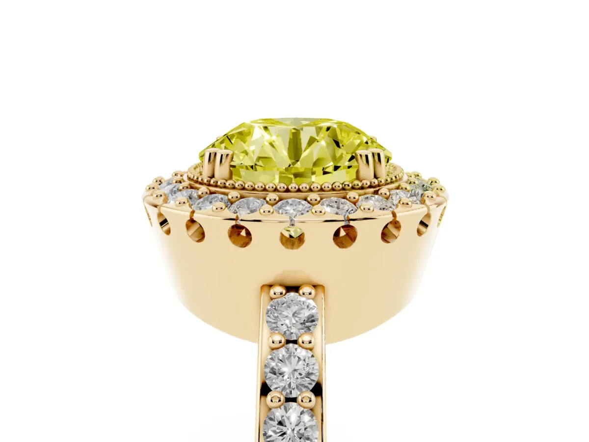 Fancy Yellow Round Cut Diamond Halo Ring with Pavé Band and Prong Setting Yellow gold