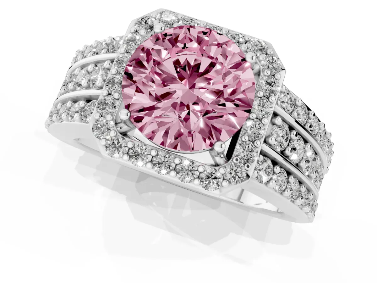 Fancy Pink Round Cut Halo Diamond Ring with Round Split Shank and Prong Setting Platinum