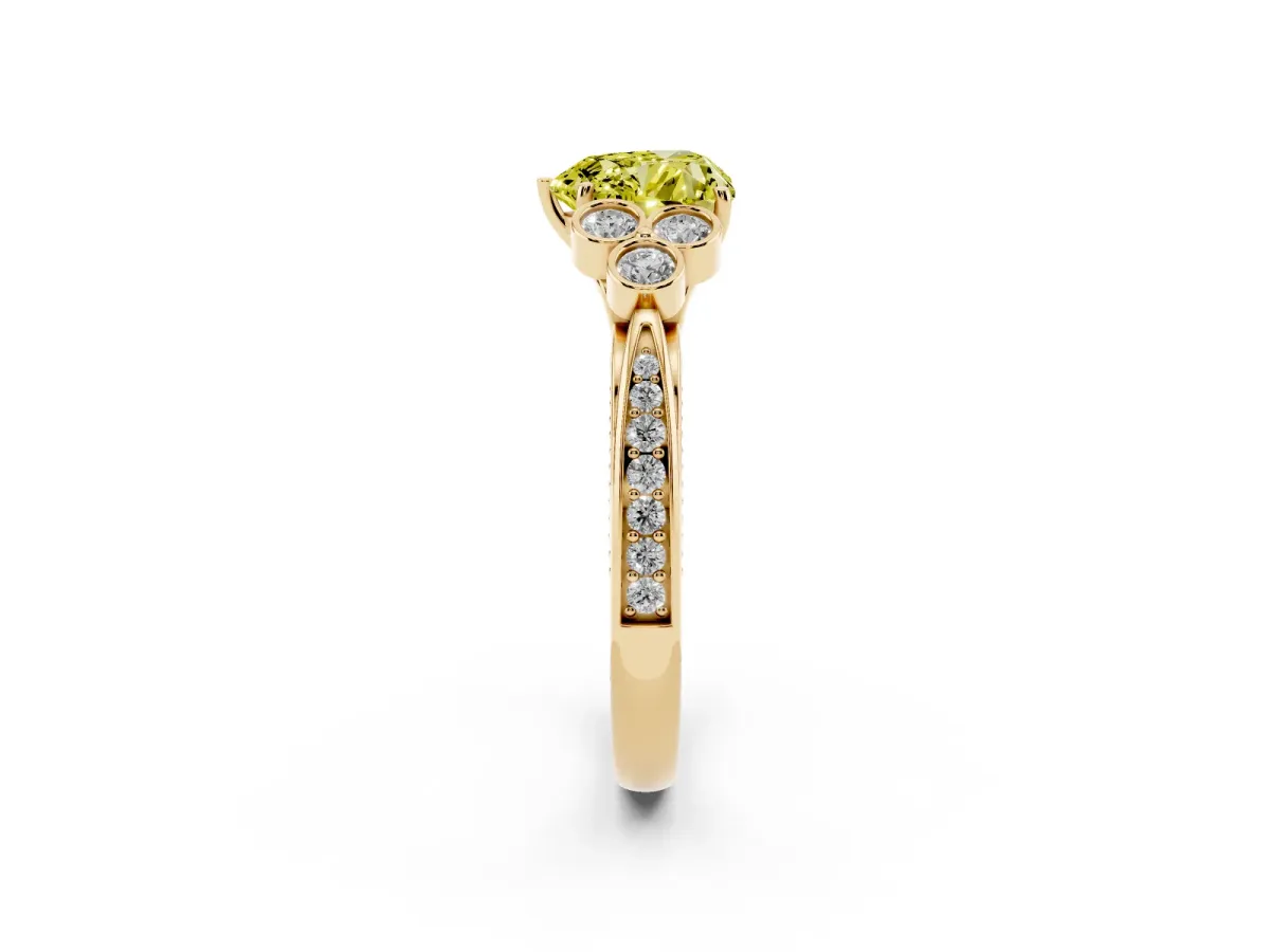 Fancy Yellow Heart Cut Cut Diamond Engagement Ring with Bezel Set Round Side Stones and Prong Setting Yellow gold