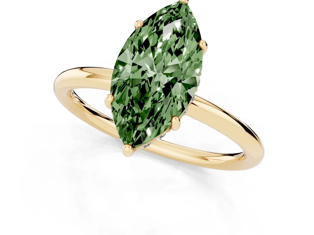 Fancy Green Marquise Cut Solitaire Diamond Ring with a Classic Band and Four-Prong Setting Yellow gold