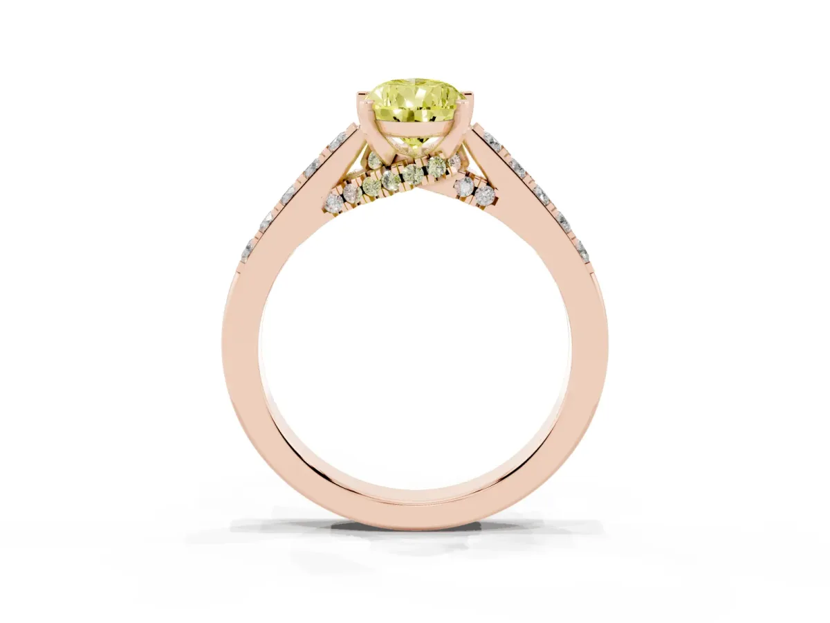 Fancy Yellow Pear Cut Diamond Solitaire Ring with Crossover Gallery and Round Pavé Band Rose gold