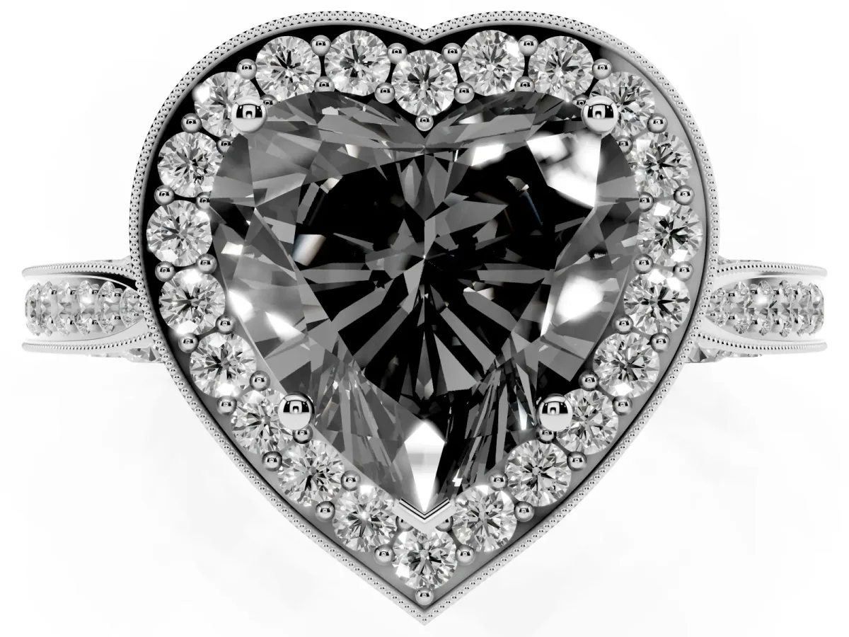 Fancy Black Heart Cut Halo Diamond Engagement Ring with Split Shank Band and Four-Prong Setting Silver