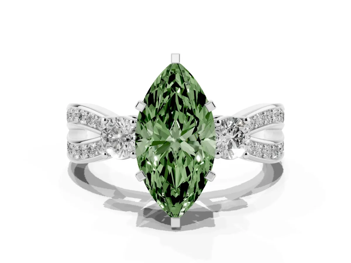 Fancy Green Three-Stone Marquise Cut Cut Diamond Twist Band with Prong Setting Silver
