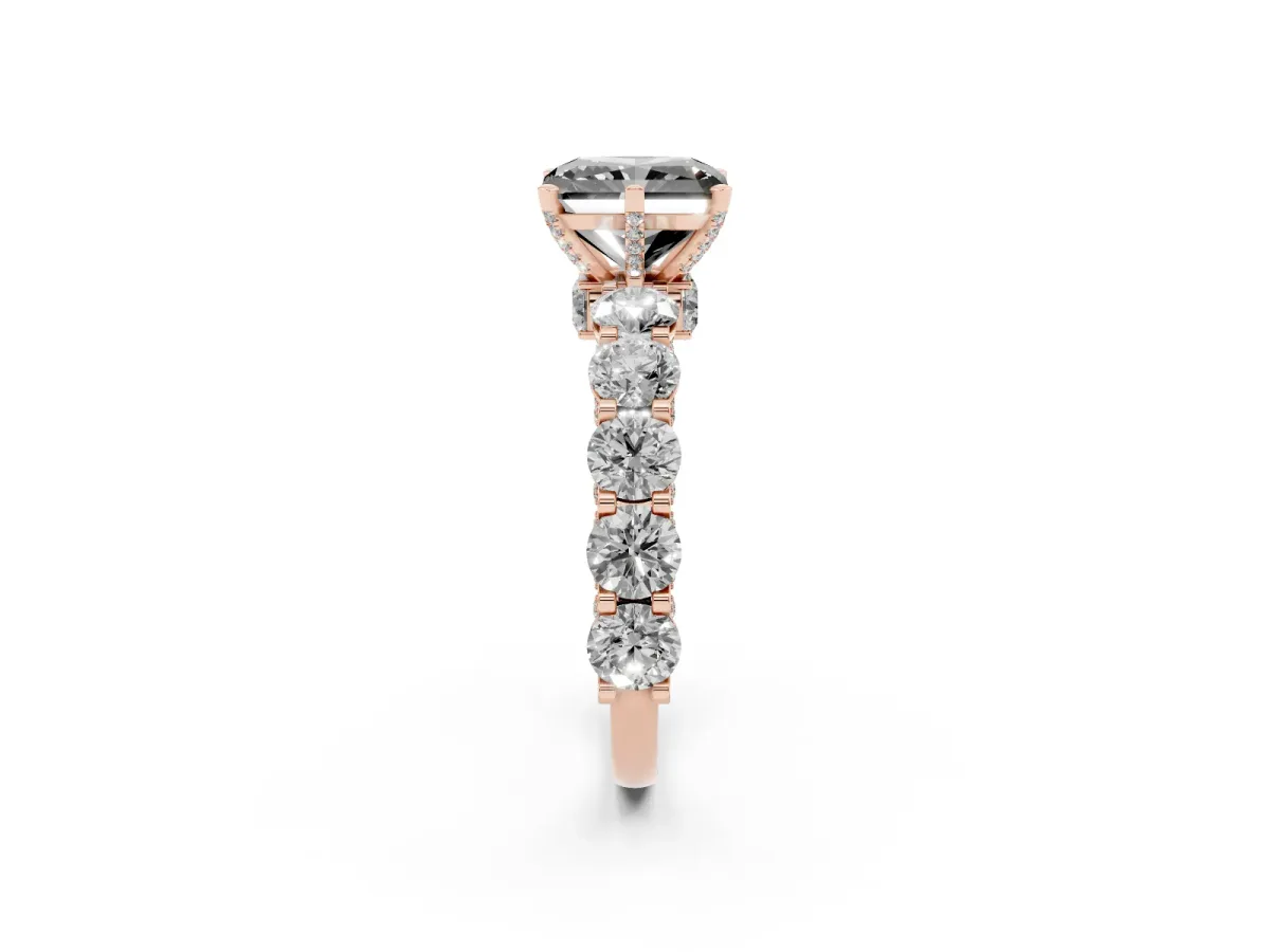 Fancy Black Radiant Cut Diamond Side Stone Engagement Ring with Four-Prong Setting Rose gold