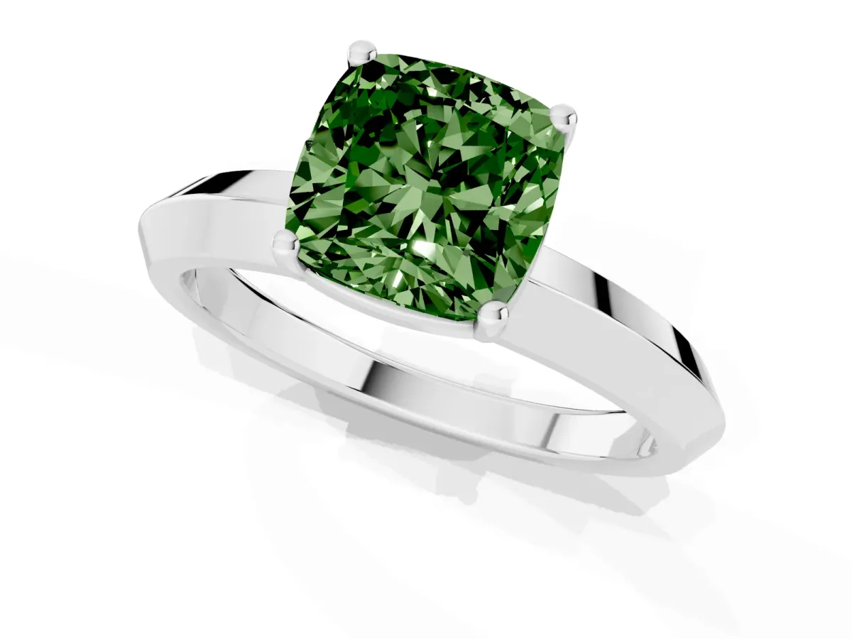 Fancy Green Cushion Cut Cut Solitaire Engagement Ring with Flat Band and Four-Prong Setting Silver