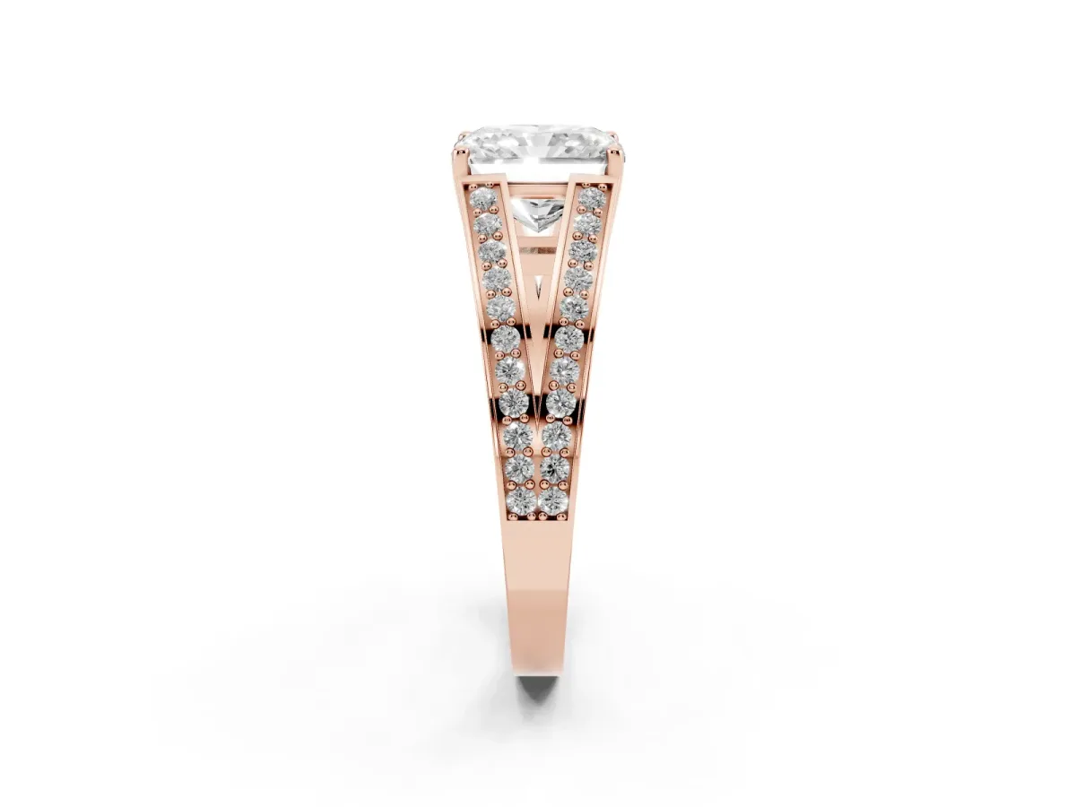 Radiant Cut Diamond Split Shank Ring with Pavé Band and Four-Prong Setting Rose gold