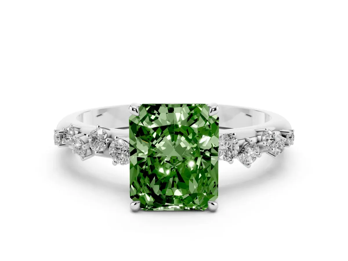 Fancy Green Radiant Cut Diamond Cluster Prong-Set Solitaire Ring Platinum