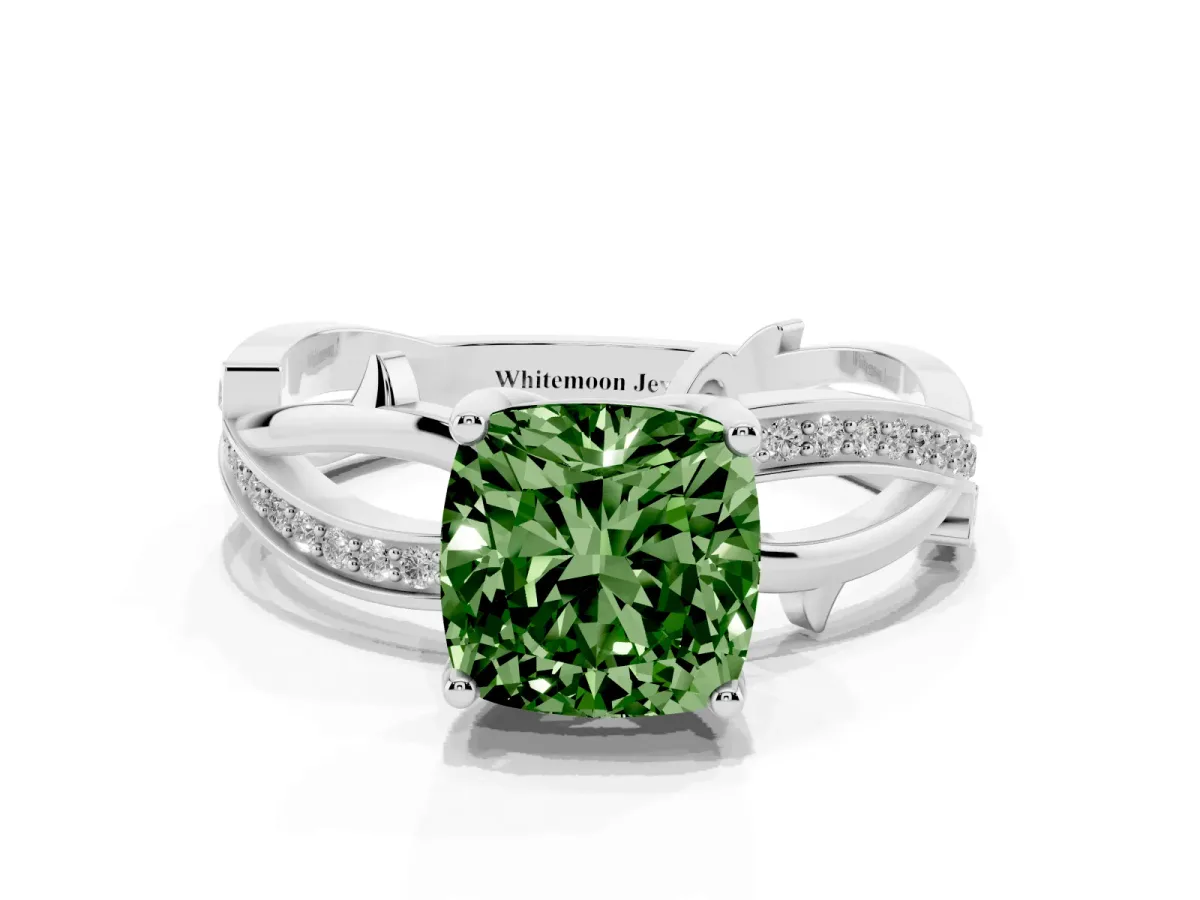 Fancy Green Cushion Cut Solitaire Twist Band with Pavé Accents and Four-Prong Setting Silver