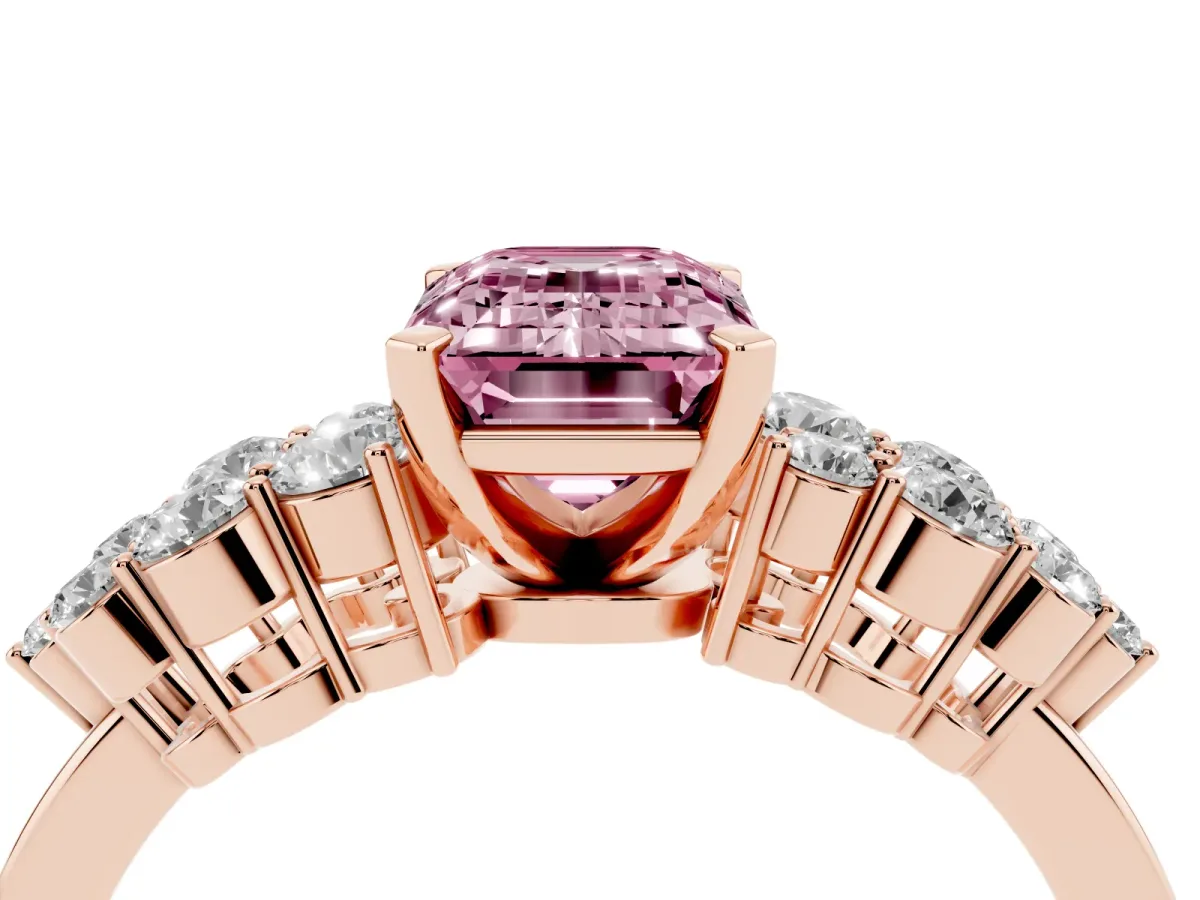 Fancy Pink Emerald Cut Cluster Diamond Engagement Ring with Pavé Band and Four-Prong Setting Rose gold