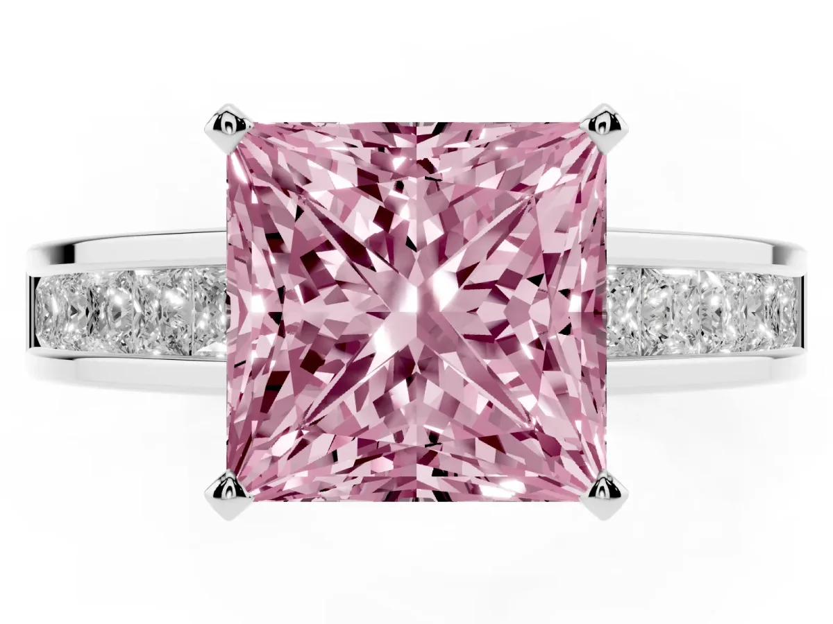 Fancy Pink Princess Cut Solitaire Diamond Ring with Channel-Set Band and Four-Prong Setting White gold