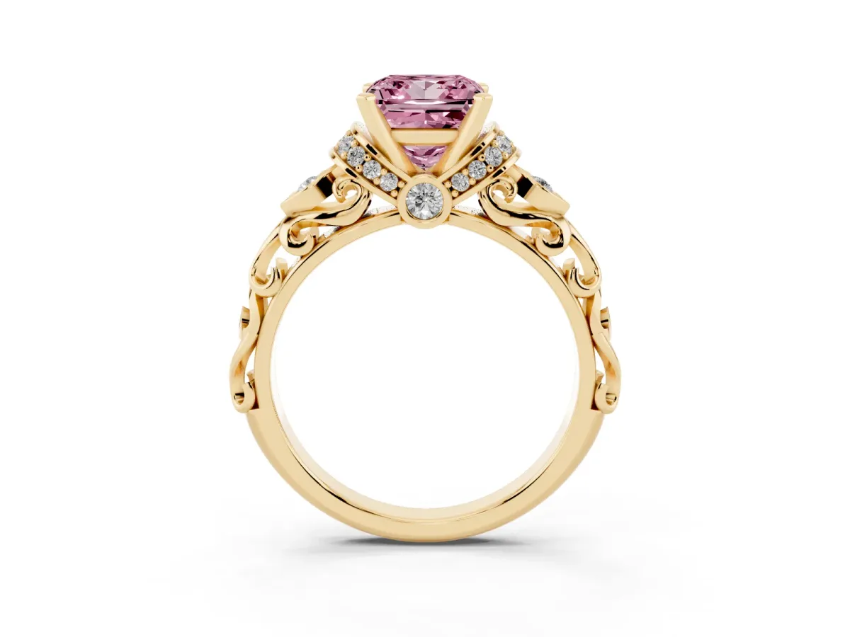 Fancy Pink Princess Cut Diamond Solitaire Ring with Filigree Band and Four-Prong Setting Yellow gold