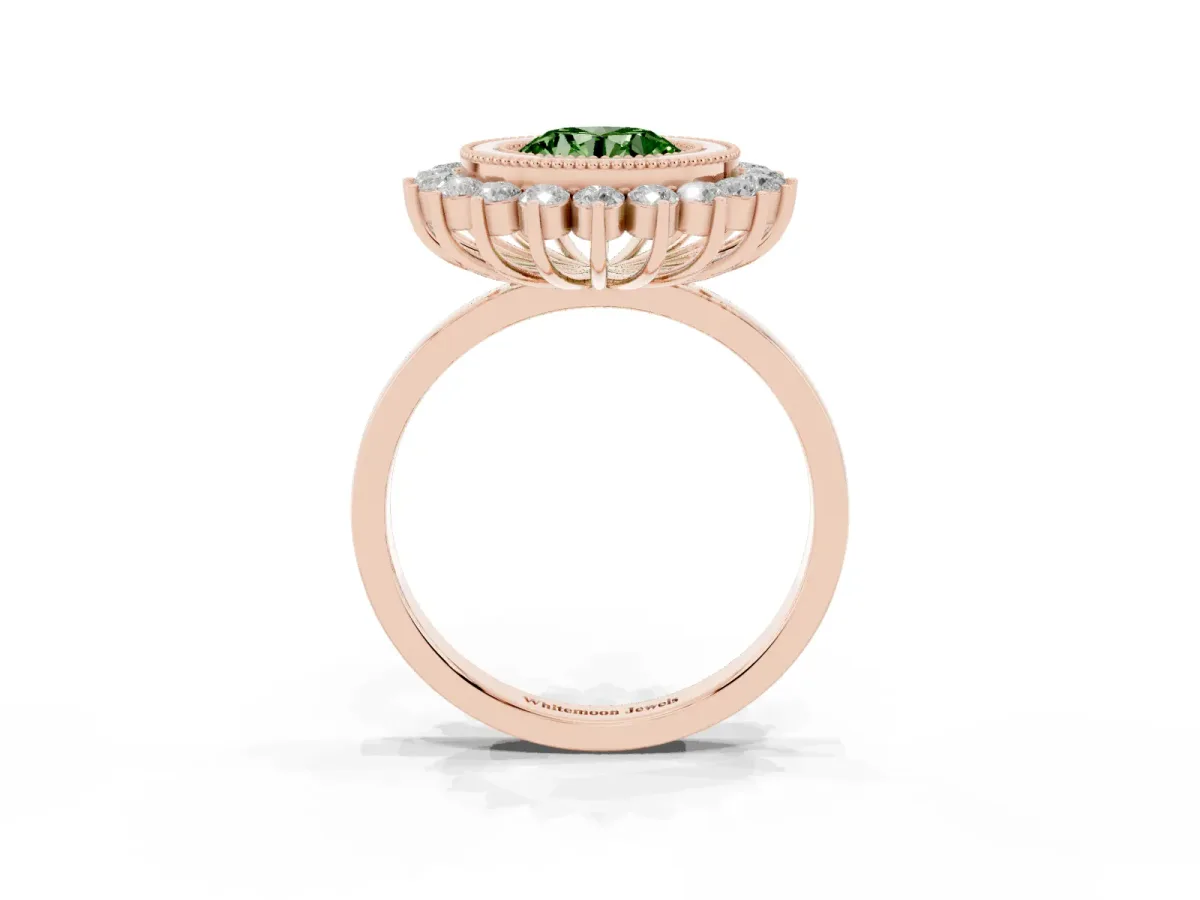 Fancy Green Round Cut Halo Diamond Ring with Milgrain Edge and Round Prong Setting Rose gold
