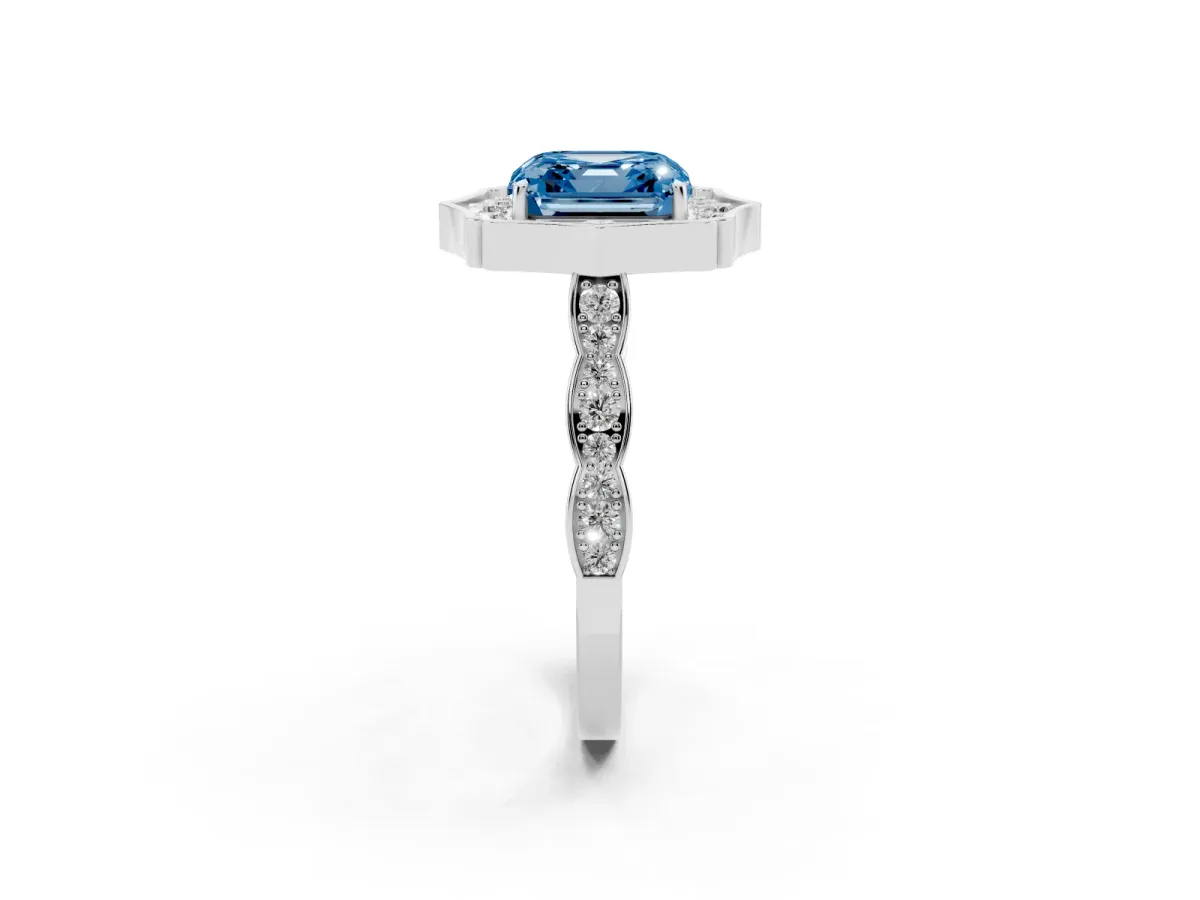 Fancy Blue Asscher Cut Halo Diamond Engagement Ring with Milgrain Band and Four-Prong Setting Platinum