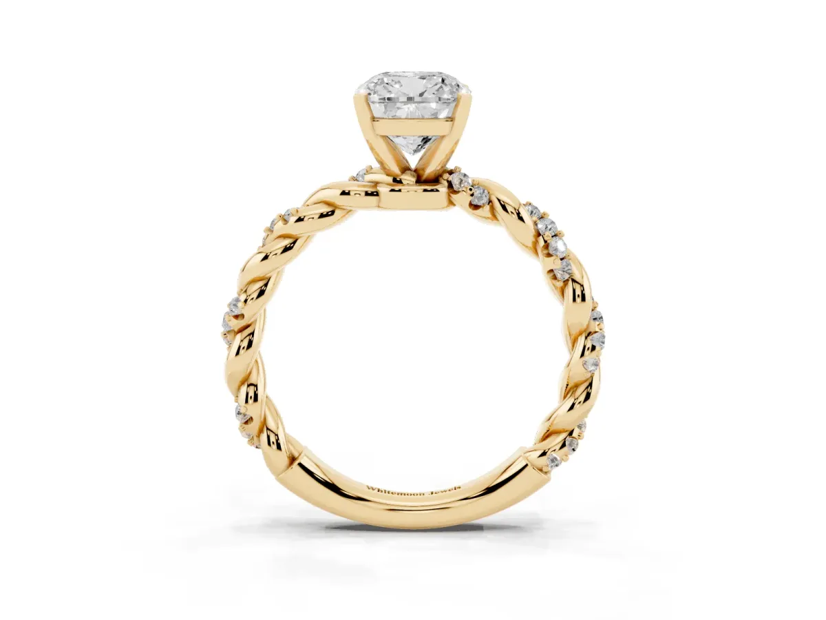 Cushion Cut Diamond Solitaire Ring with Twisted Band and Pavé Accents Yellow gold