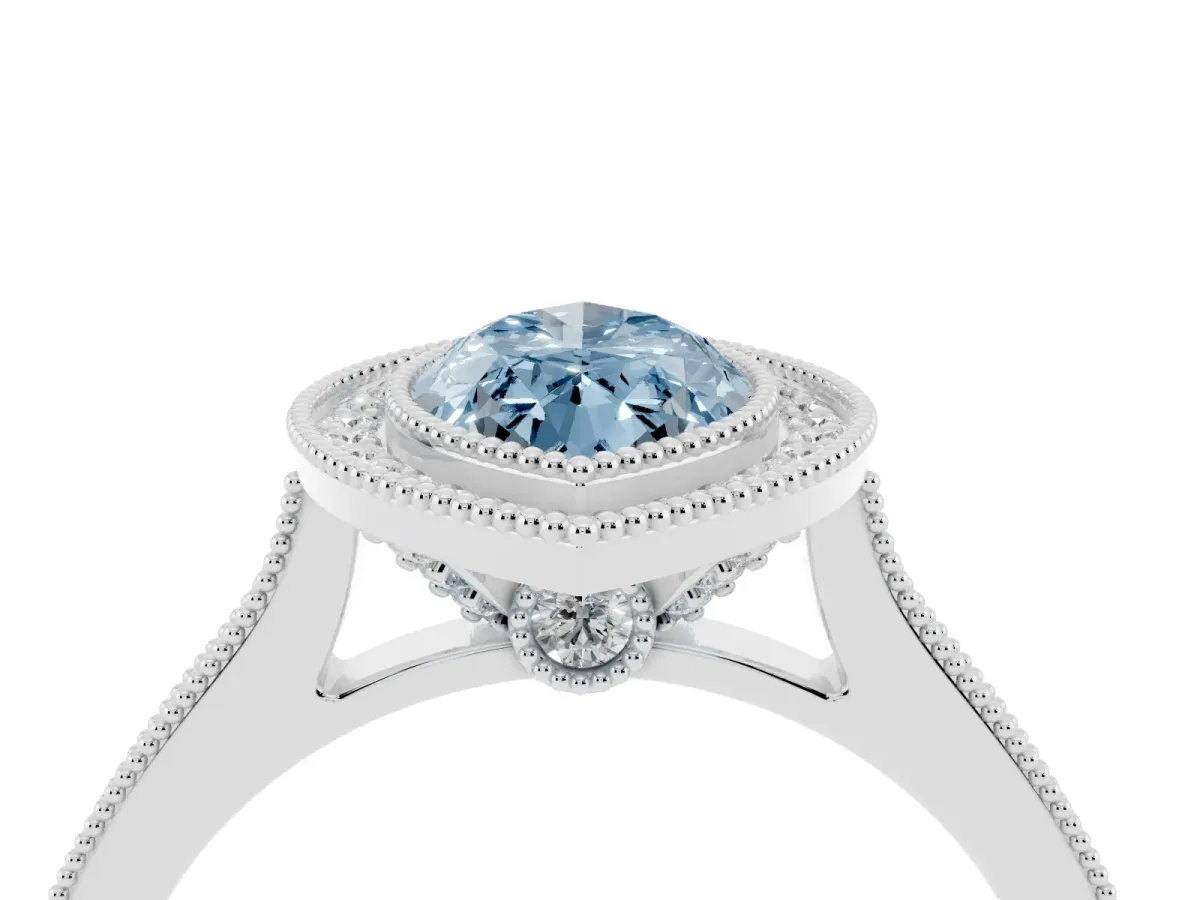 Fancy Blue Halo Marquise Cut-Cut Diamond Pave Band Milgrain Prong Setting Ring Silver