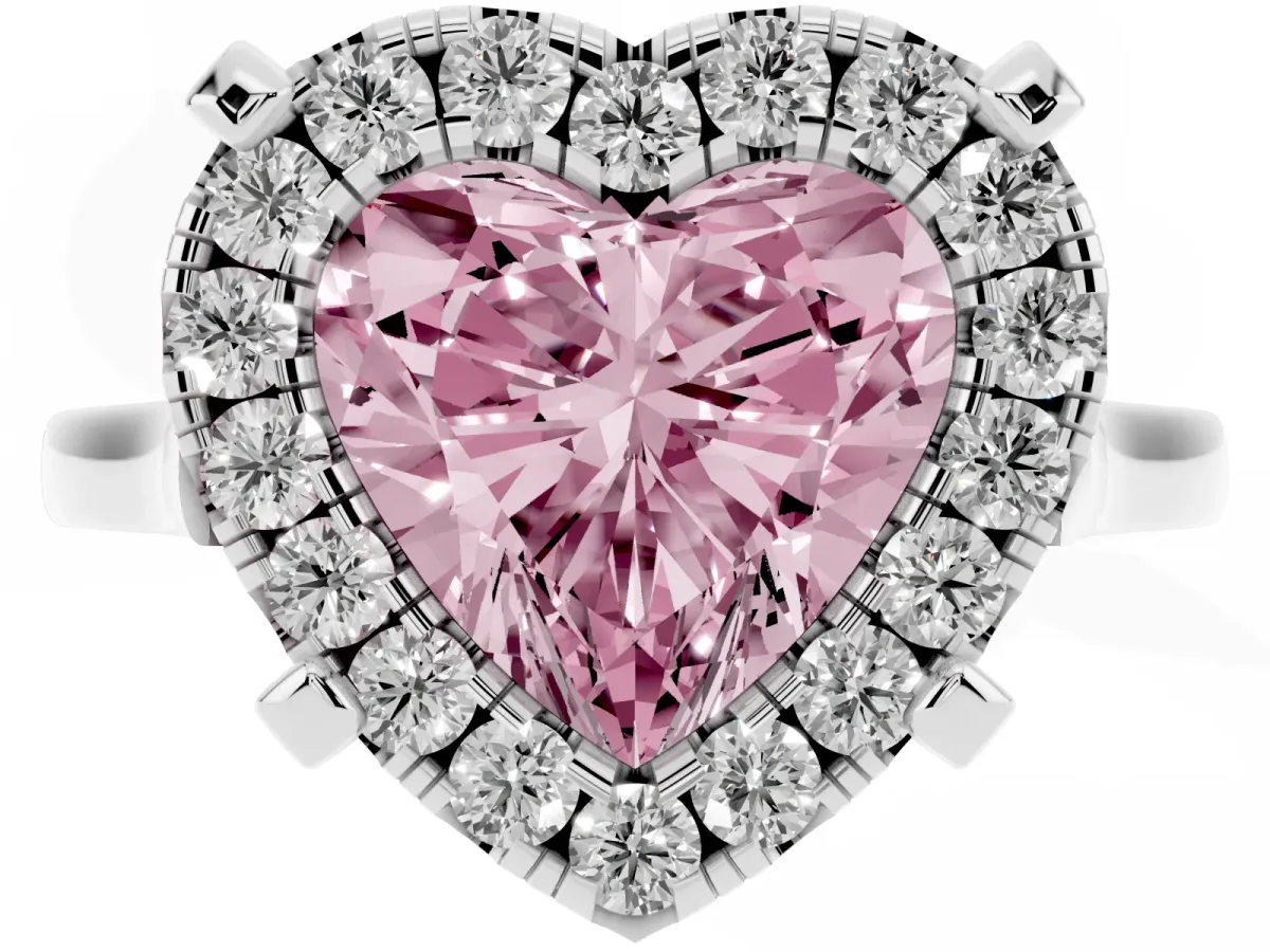 Fancy Pink Heart Cut Diamond Cluster Halo Solitaire with Four-Prong Setting Silver