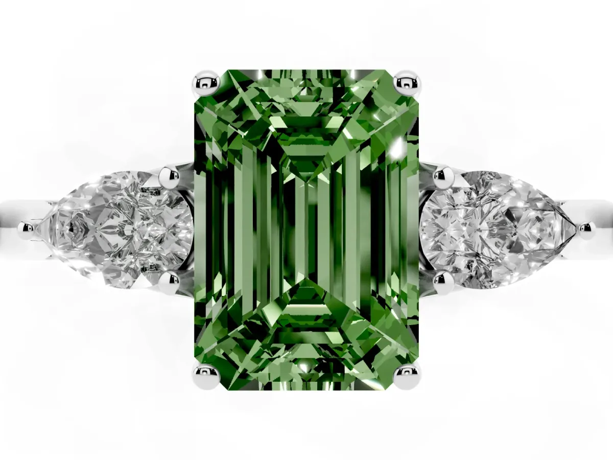 Fancy Green Three-Stone Emerald Cut Brilliant Diamond Solitaire Ring with Tapered Band and Four-Prong Setting White gold