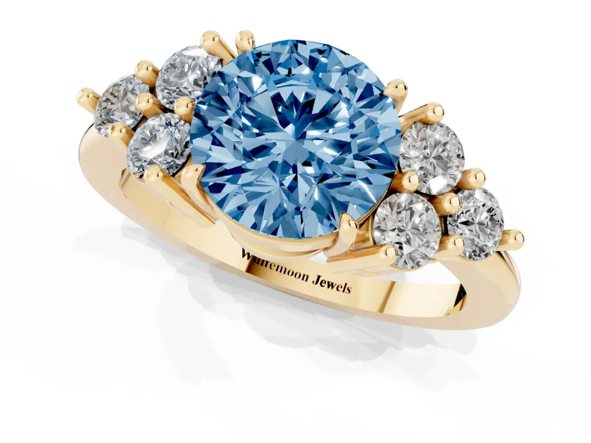 Fancy Blue Round Cut Brilliant Diamond Cluster Accent Solitaire Ring with Prong Setting Yellow gold