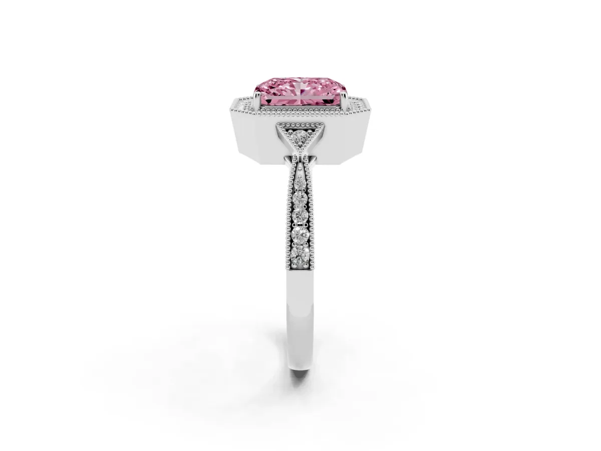 Fancy Pink Radiant Cut Halo Round Diamond Milgrain Pave Engagement Ring Silver