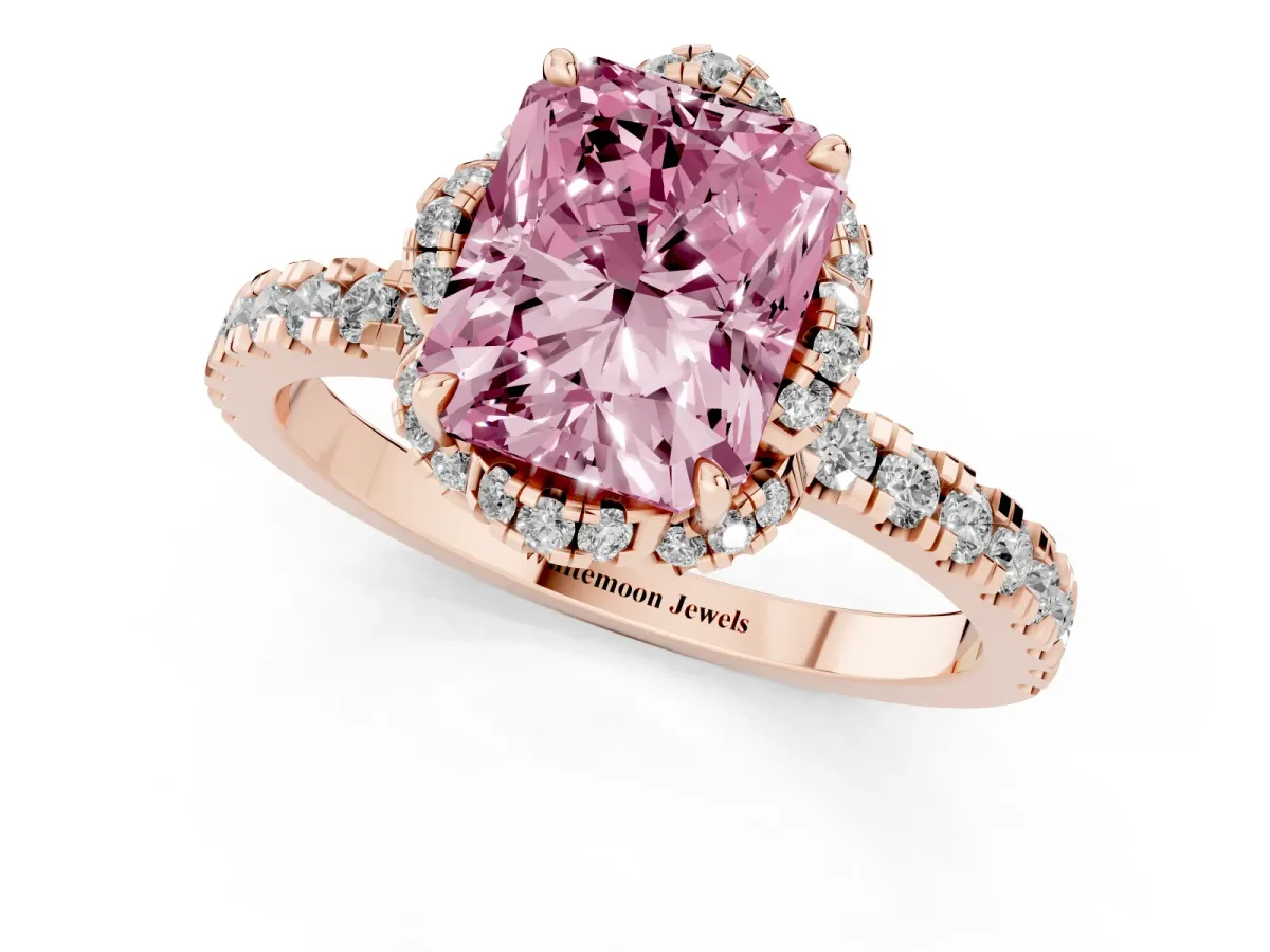Fancy Pink Radiant Cut Halo Diamond Pave Band Ring with Four-Prong Setting Rose gold