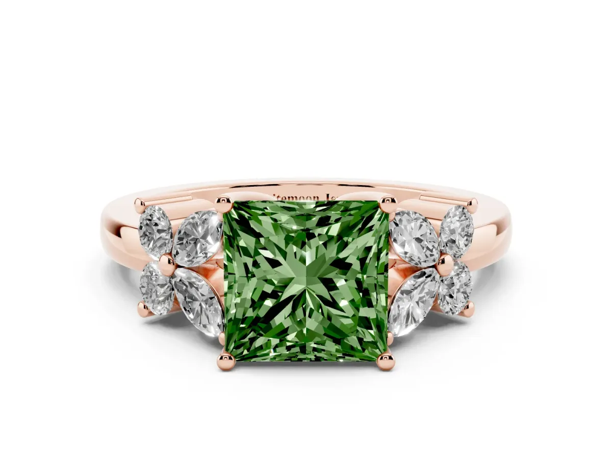 Fancy Green Princess Cut Diamond Floral Cluster Ring with Solitaire Band and Prong Setting Rose gold