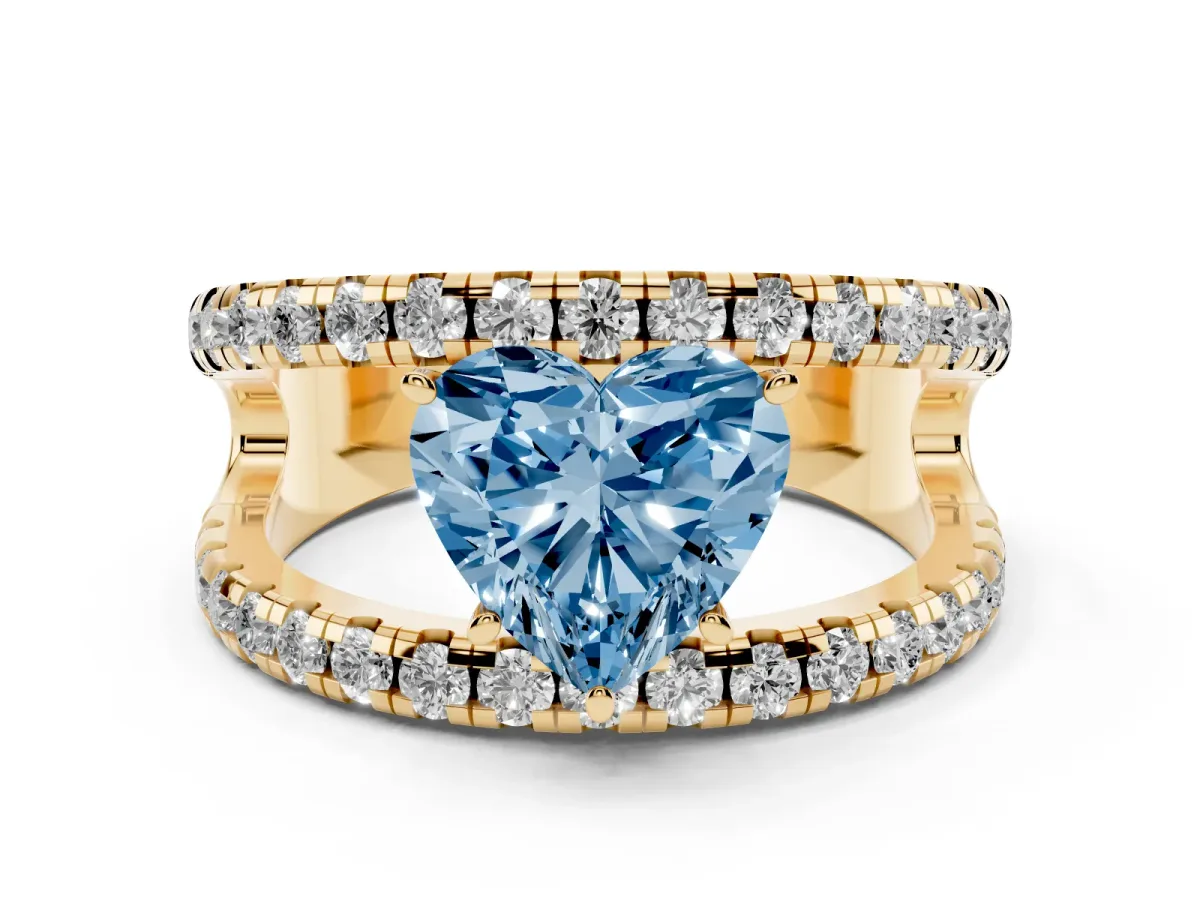 Fancy Blue Heart Cut Solitaire Split Shank Pave Diamond Ring Yellow gold