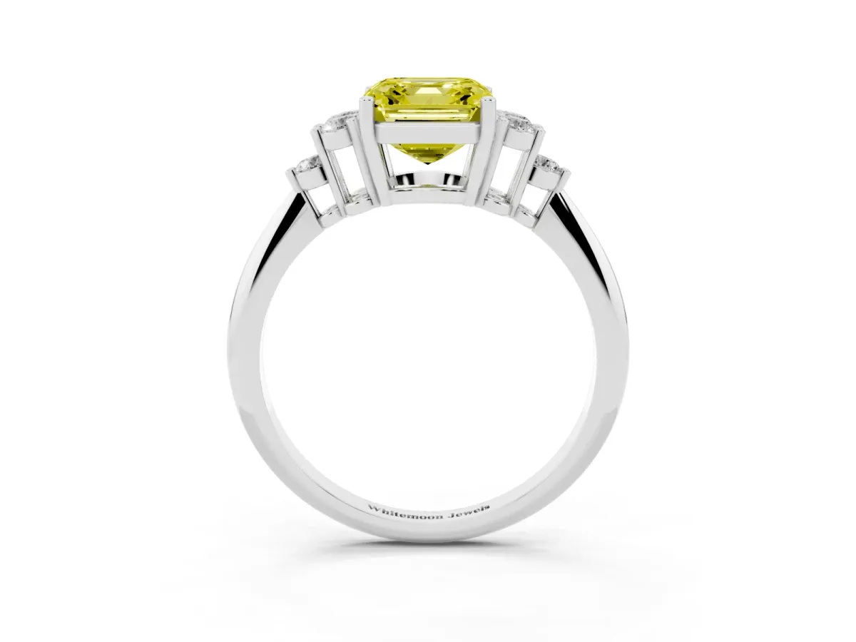 Fancy Yellow Asscher Cut Cut Diamond Cluster Ring with Solitaire Band and Four-Prong Setting Silver
