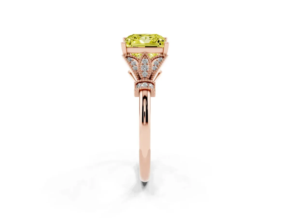 Fancy Yellow Princess Cut Diamond Solitaire Ring with Floral Filigree and Pave Accents Rose gold