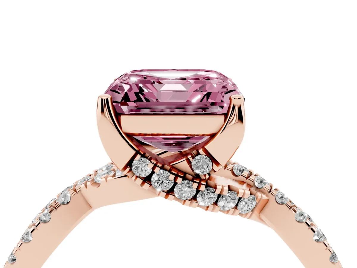 Fancy Pink Asscher Cut Solitaire Twist Pave Diamond Engagement Ring with Prong Setting Rose gold