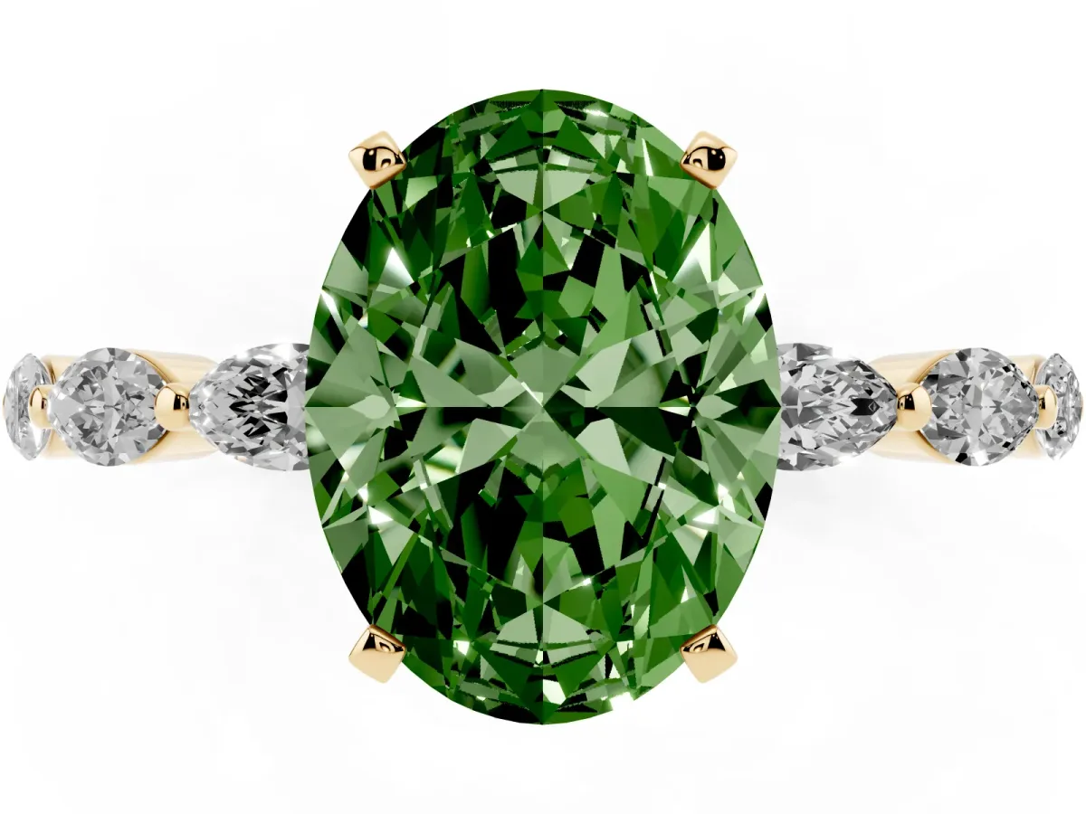 Fancy Green Oval Cut Diamond Ring with Marquise Side Stones and Prong Setting Yellow gold