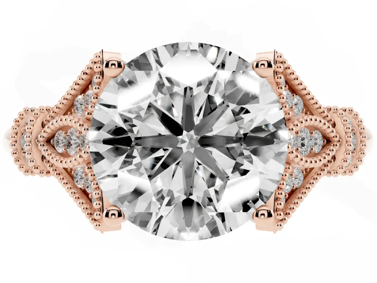 Round Cut Diamond Solitaire Ring with Floral Filigree and Pave Accents Rose gold