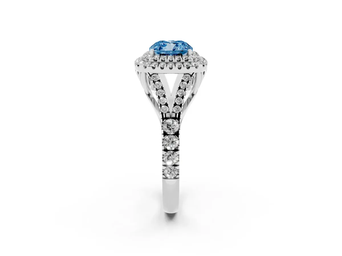 Fancy Blue Cushion Cut Diamond Pavé Split Shank Double Halo Engagement Ring Silver
