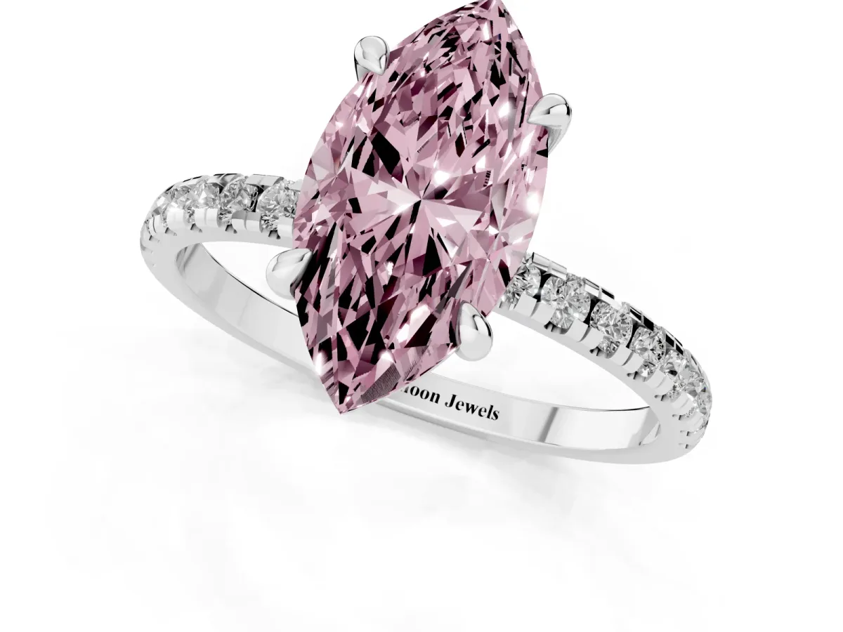 Fancy Pink Marquise Cut Diamond Brilliant Solitaire Ring with Pavé Band and Four-Prong Setting Platinum