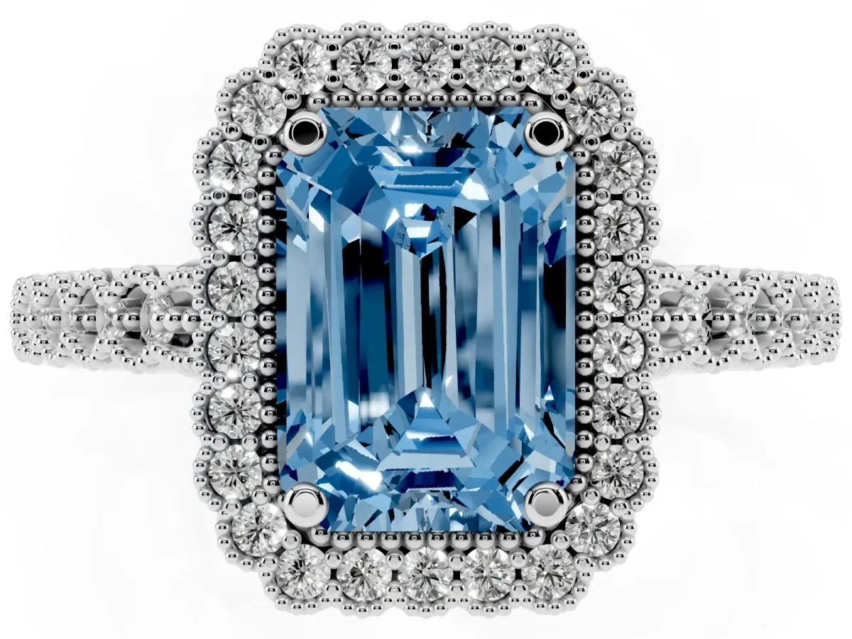 Fancy Blue Emerald Cut Cut Halo Pavé Solitaire Ring with Milgrain Band Silver