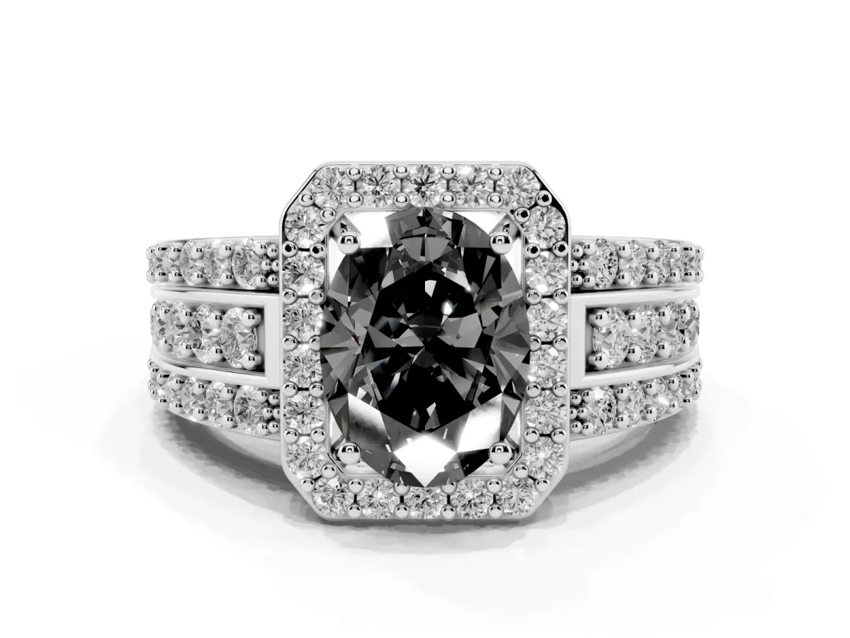 Fancy Black Oval Cut Halo Diamond Ring with Round Split Shank and Prong Setting Platinum