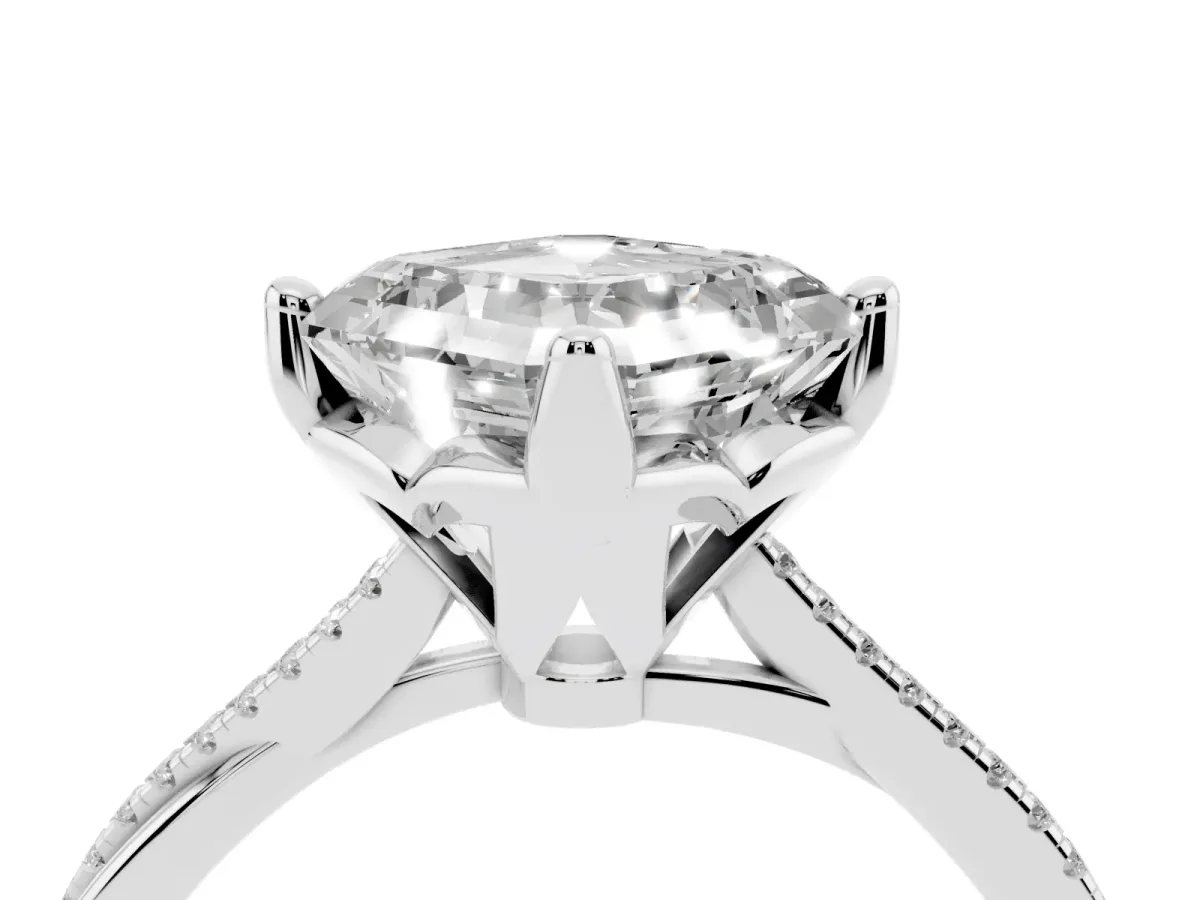 Asscher Cut Solitaire Twist Band with Pavé Diamonds and Four-Prong Setting White gold