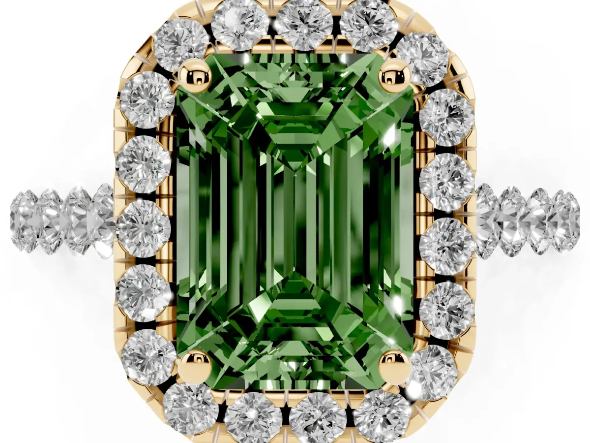 Fancy Green Emerald Cut Halo Pavé Diamond Engagement Ring with Four-Prong Setting Yellow gold