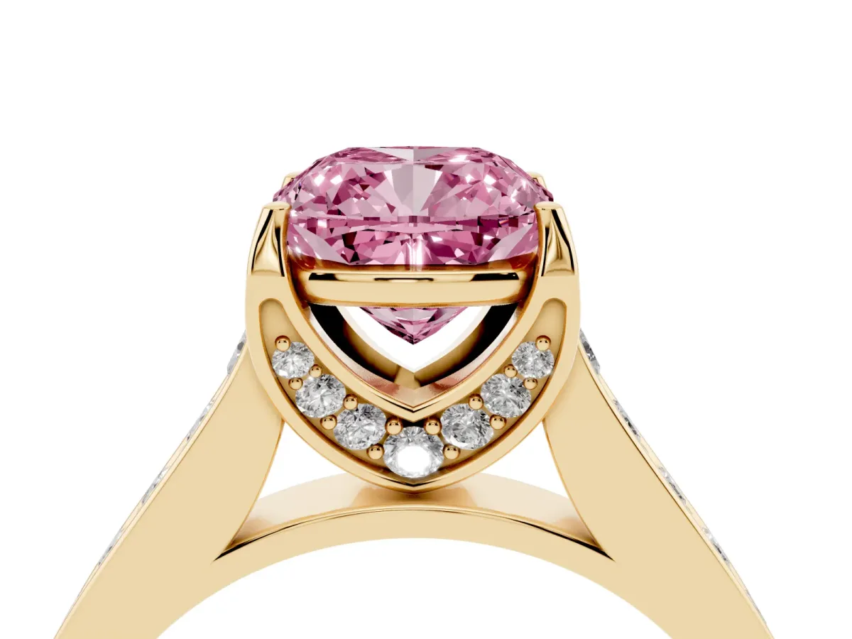 Fancy Pink Cushion Cut Brilliant Cut Diamond Engagement Ring with Pavé Band and Four-Prong Setting Yellow gold