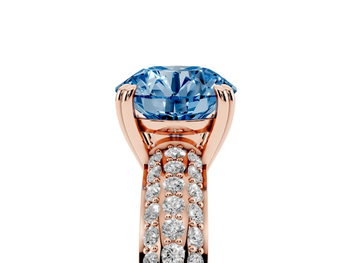 Fancy Blue Round Cut Diamond Solitaire Ring with Multi-Row Round Pavé Band and Prong Setting Rose gold