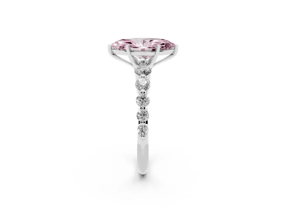 Fancy Pink Marquise Cut Solitaire Diamond Ring with Pave Band and Four-Prong Setting Silver
